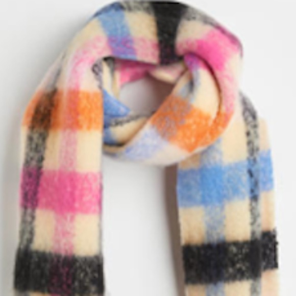 H&M colorful oversized fluffy checkered plaid mohair like soft scarf NWT - Picture 2 of 8